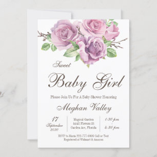 Sweet Baby Girl Shower Invitations, Purple Flowers Invitation