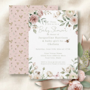 Sweet Baby Girl to Bee Pink n Ivory Rose Floral Invitation