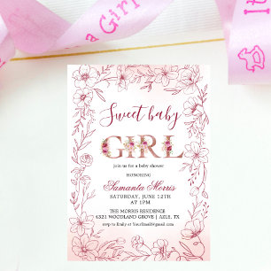 sweet baby girl Watercolor Minimalist Floral Baby Invitation