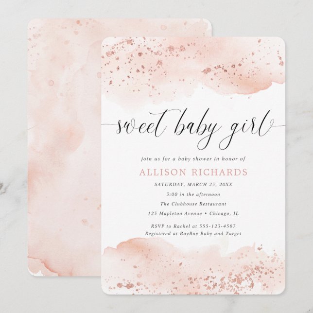 Sweet baby girl watercolor rose gold blush pink invitation (Front/Back)