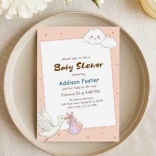 Sweet Baby Girl Watercolor Stork Baby Shower Invitation