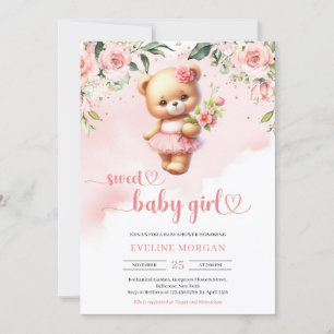 Sweet baby girl watercolor teddy bear blush floral invitation