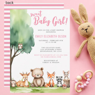 Sweet Baby Girl Woodland Animals Baby Shower Invitation
