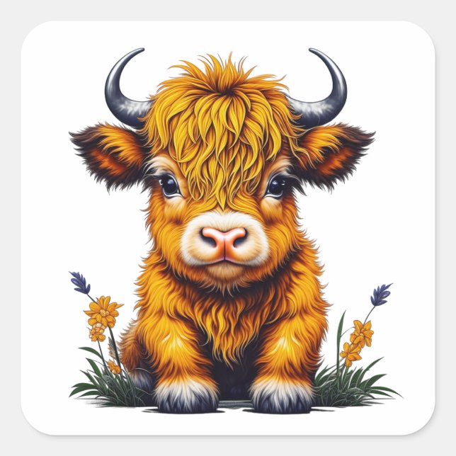 Sweet Baby Highland Cow Square Sticker (Front)