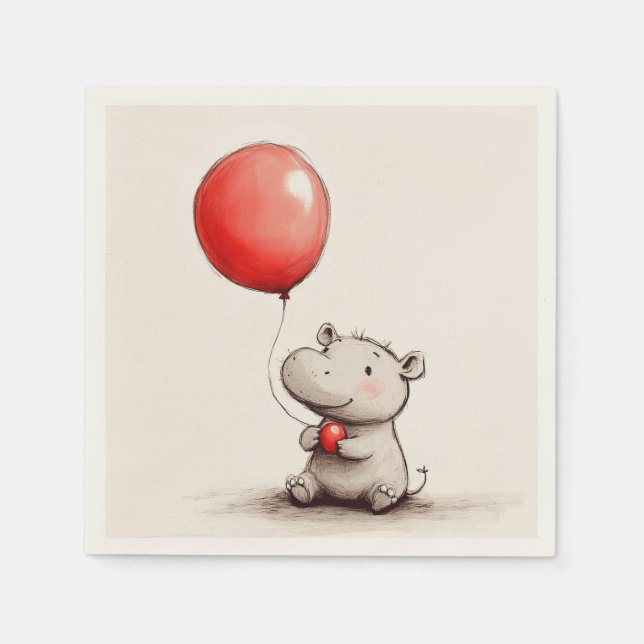  Sweet Baby Hippo with Red Balloon Paper Napkin (Front)