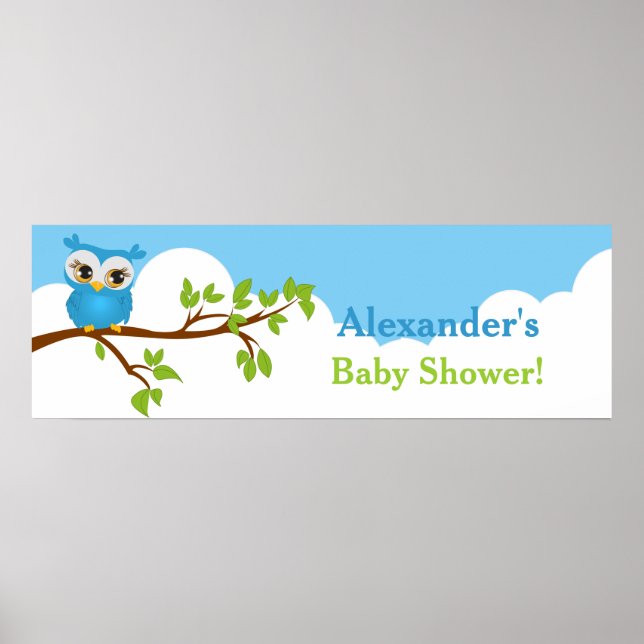 Sweet Baby Owl Boy Baby Shower Banner Poster (Front)