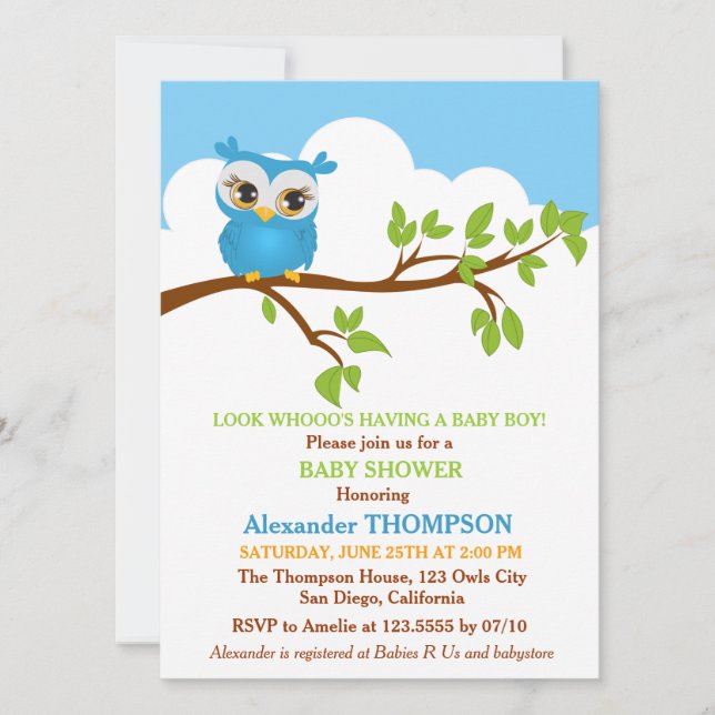 Sweet Baby Owl Boy Baby Shower Invitation (Front)