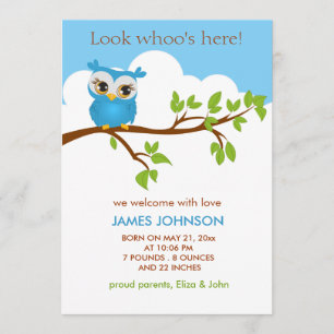 Sweet Baby Owl Boy Birth Announcement Card