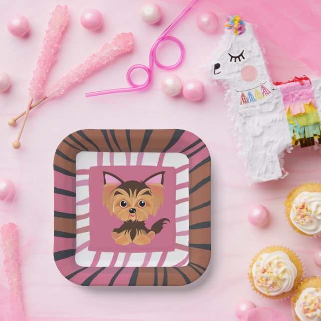 Sweet Baby Pink and Brown Yorkie  Paper Plate (Party)