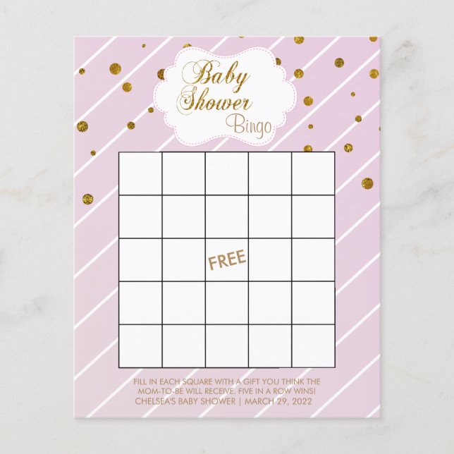 Sweet Baby Pink and Gold Baby Shower - Bingo Flyer (Front)