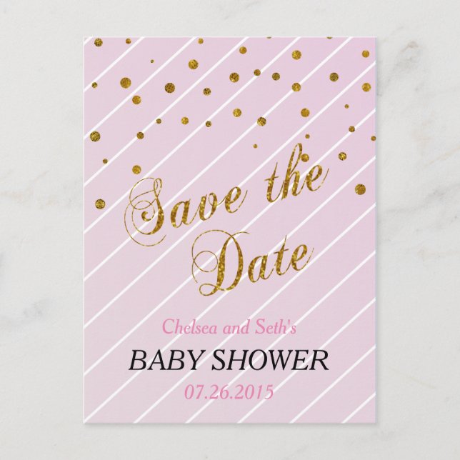 Sweet Baby Pink and Gold Confetti Invitation Postcard (Front)