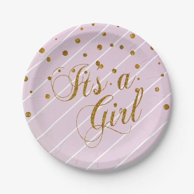 Sweet Baby Pink and Gold Confetti Paper Plate (Front)