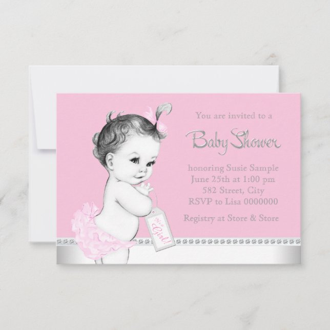 Sweet Baby Pink and Grey Baby Shower Invitation (Front)