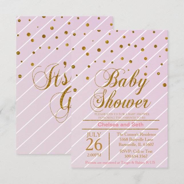 Sweet Baby Pink & Gold Confetti | Baby Shower Invitation (Front/Back)