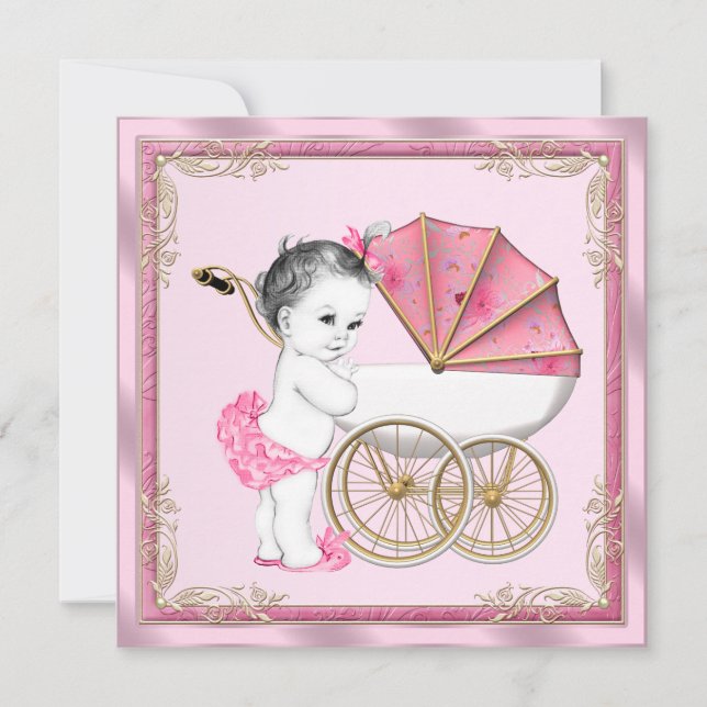 Sweet Baby Pram Pink and Gold Baby Girl Shower Invitation (Front)