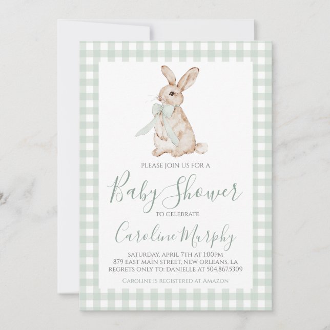 Sweet Baby Shower Bunny Rabbit Green Gingham Invitation (Front)
