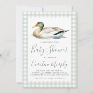 Sweet Baby Shower Mallard Duck Green Gingham Invitation