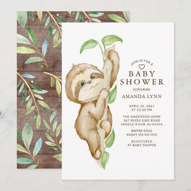 Sweet Baby Sloth Baby Shower Invitation (Front/Back)