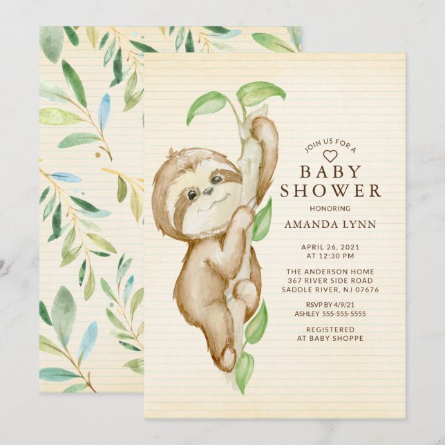 Sweet Baby Sloth Baby Shower Invitation (Front/Back)