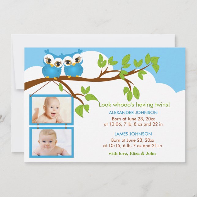 Sweet Baby Twins Owl Boy Photo Birth Announcement (Front)