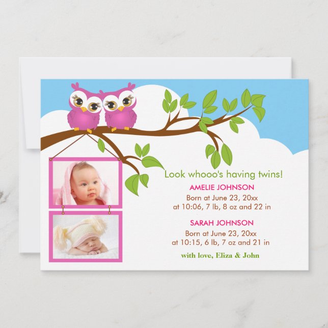 Sweet Baby Twins Owl Girl Photo Birth Announcement (Front)