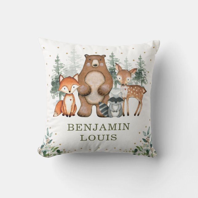 Sweet Baby Woodland Animals Greenery Gold Nursery Cushion (Front)