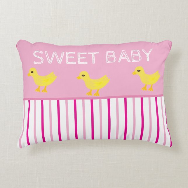Sweet Baby Yellow Ducks Pink White Stripes Decorative Cushion (Front)