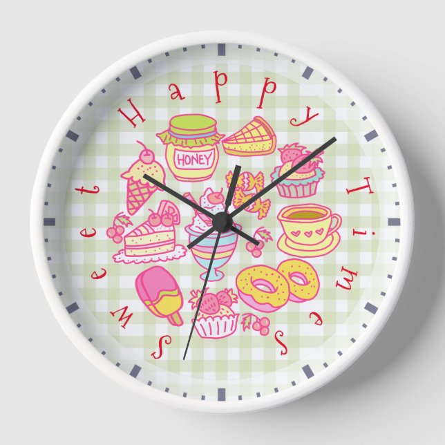 Sweet Bakery and Drinks Green Gingham Clock (Front)