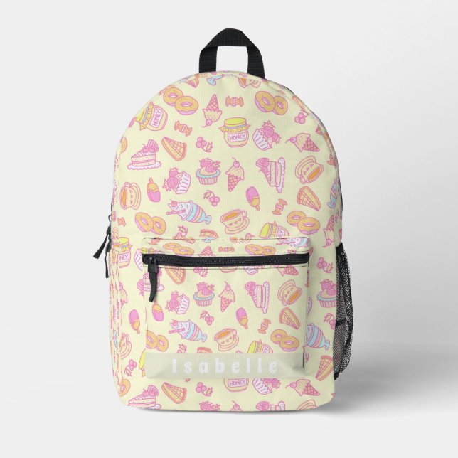 Sweet Bakery and Drinks Yellow Printed Backpack (Front)