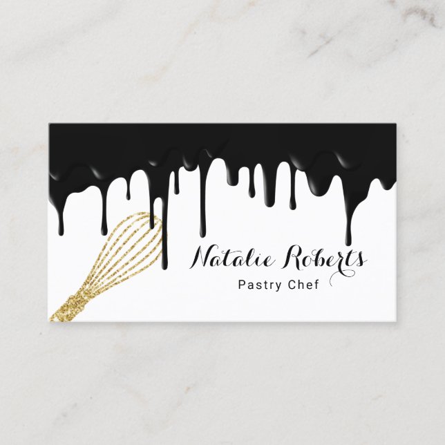 Sweet Bakery Modern Black Drips Pastry Chef  Business Card (Front)