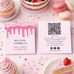 Sweet Bakery Sprinkles Cream Drips QR Code Pink Square Business Card