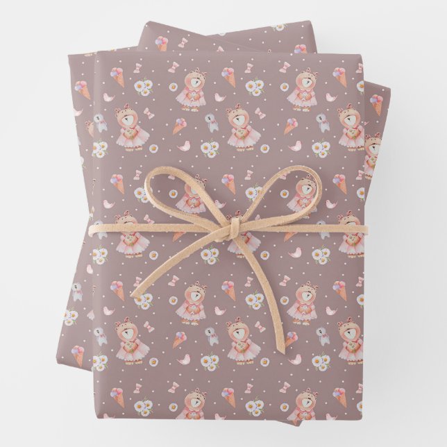 Sweet Ballerina Bear Pattern Wrapping Paper Sheet (In situ)