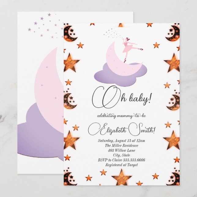 Sweet ballerina moon, baby shower invitation (Front/Back)
