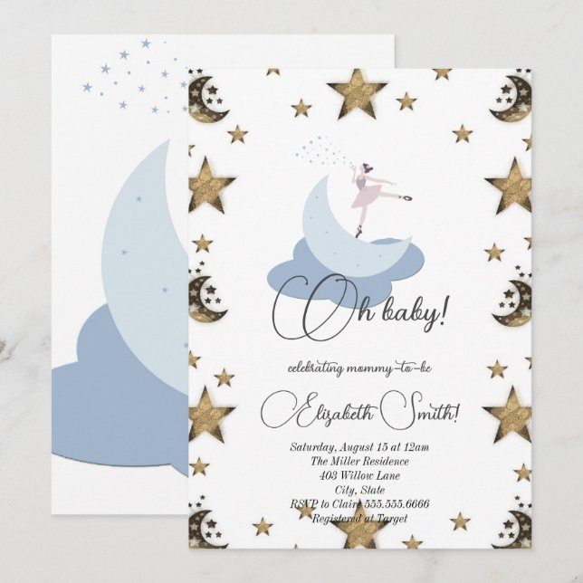 Sweet ballerina moon, baby shower invitation (Front/Back)