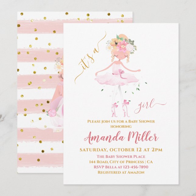 Sweet Ballet Girl Illustration Baby Shower Invitation (Front/Back)