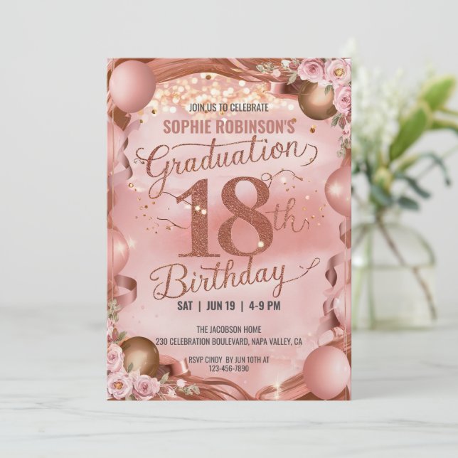 Sweet Balloons Flowers Graduation 18th Birthday Invitation (Standing Front)