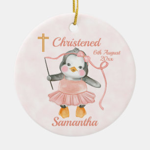 Sweet Baptism Penguin Ballerina Pink  Ceramic Tree Decoration