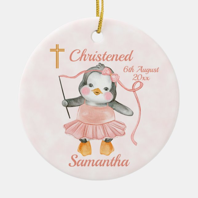 Sweet Baptism Penguin Ballerina Pink  Ceramic Tree Decoration (Front)