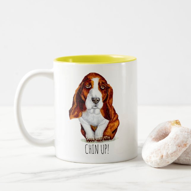 Sweet Basset Hound Chin Up Two-Tone Coffee Mug (With Donut)