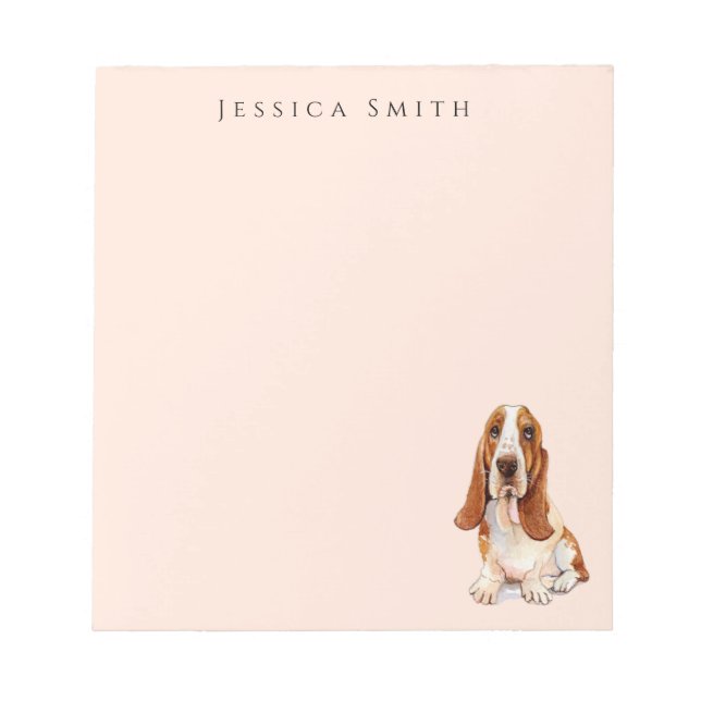 Sweet Basset Hound illustration on Pink Notepad (Front)