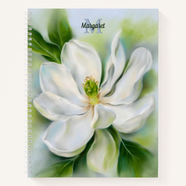 Sweet Bay Magnolia Pastel Art Monogrammed Notebook (Front)