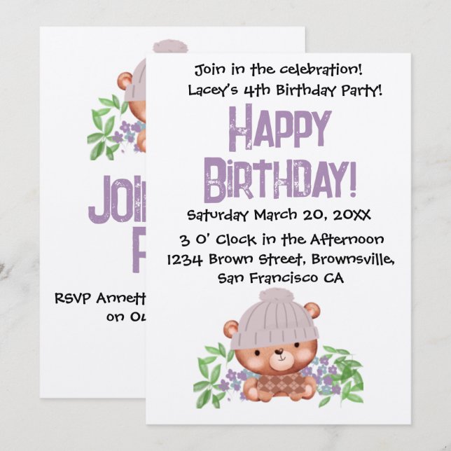 Sweet Beanie Bear Birthday Invitation For Kids (Front/Back)