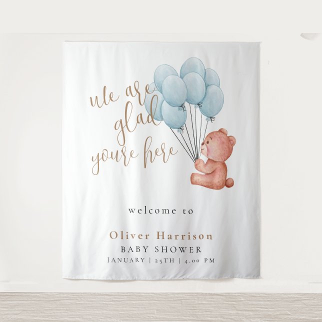Sweet Bear Baby Shower Blue Balloon Welcome Sign Tapestry (Front)