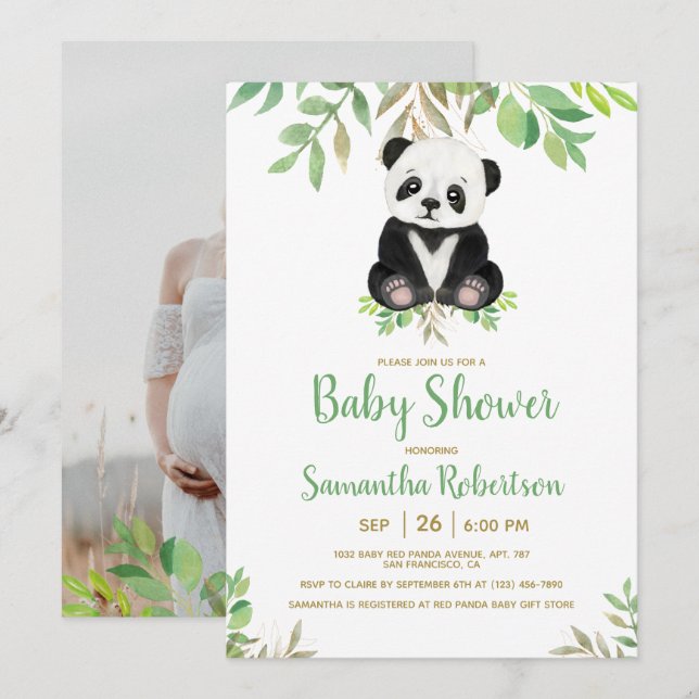 Sweet Bear Greenery Gold Neutral Baby Shower Photo Invitation (Front/Back)
