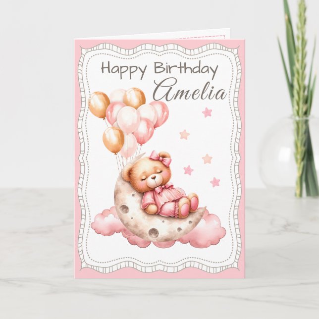 Sweet Bear on the Moon Birthday Card for Girl (Front)