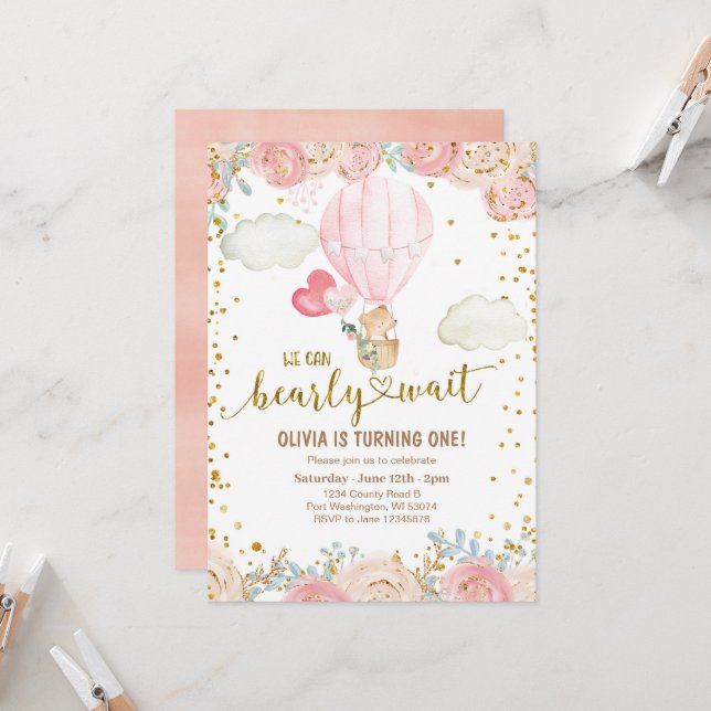  Sweet Bear Pink Balloons Birthday Invitation (Front/Back In Situ)