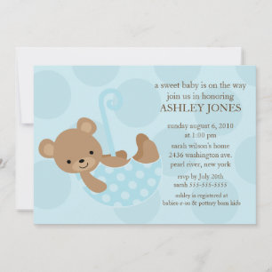 Sweet Bear Umbrella Boy Baby Shower Invitation