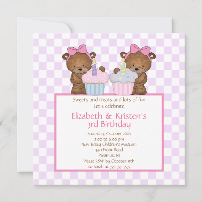 Sweet Bears Cupcake Twins Birthday Invitation (Front)