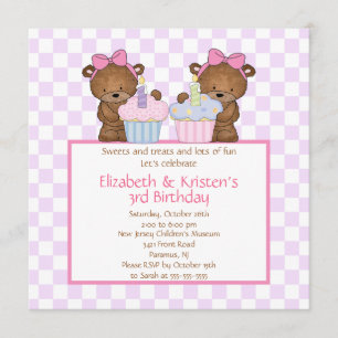 Sweet Bears Cupcake Twins Birthday Invitation