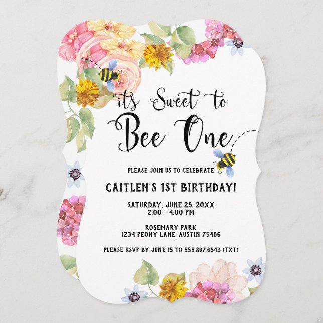 Sweet Bee 1st Birthday Floral Pastel Invitation (Front/Back)